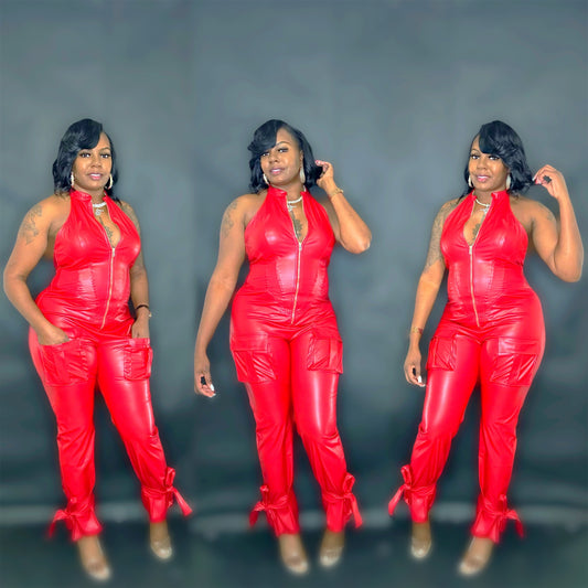 Red leather jumpsuit