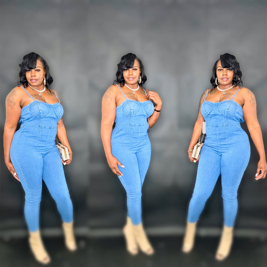 Sweet heart denim skinny jumpsuit